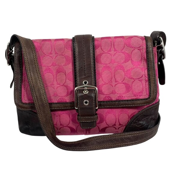 COACH Pink Hampton Signature C Canvas Brown Leather Crossbody Bag F13018 NO TAG - Picture 1 of 12